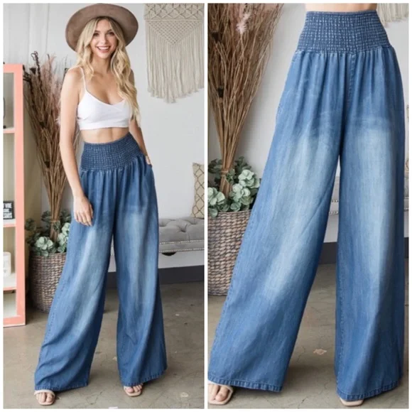 SOLD OUT Denim Blue Washed Wide Palazzo Leg Tencel Casual Smocked High Waist - Picture 1 of 5